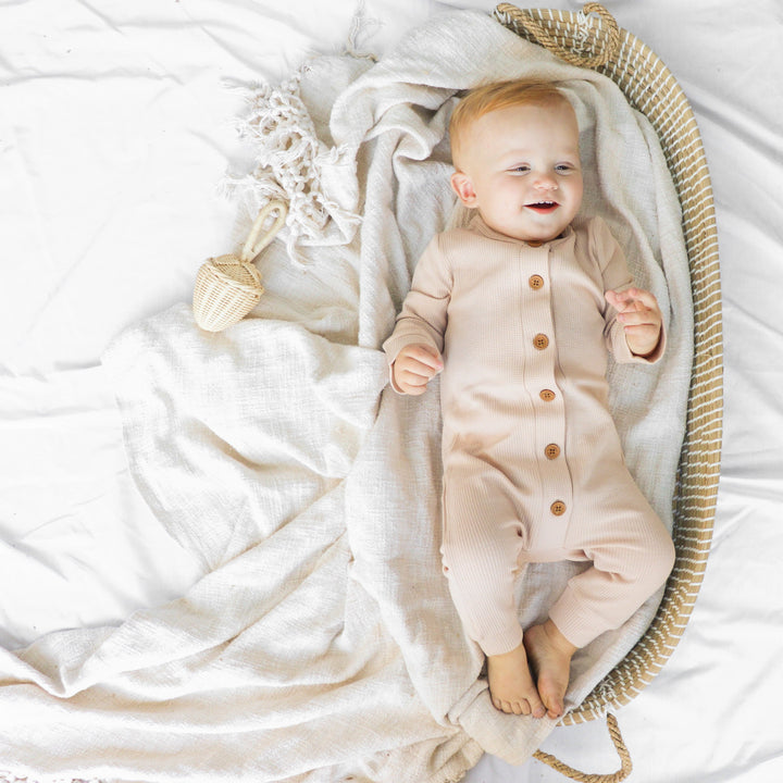 Long Sleeve Waffle Louie Romper - Oatmeal