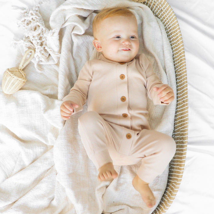 Long Sleeve Waffle Louie Romper - Oatmeal