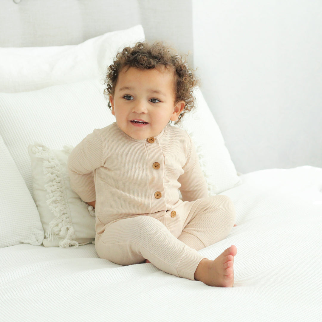 Long Sleeve Waffle Louie Romper - Oatmeal