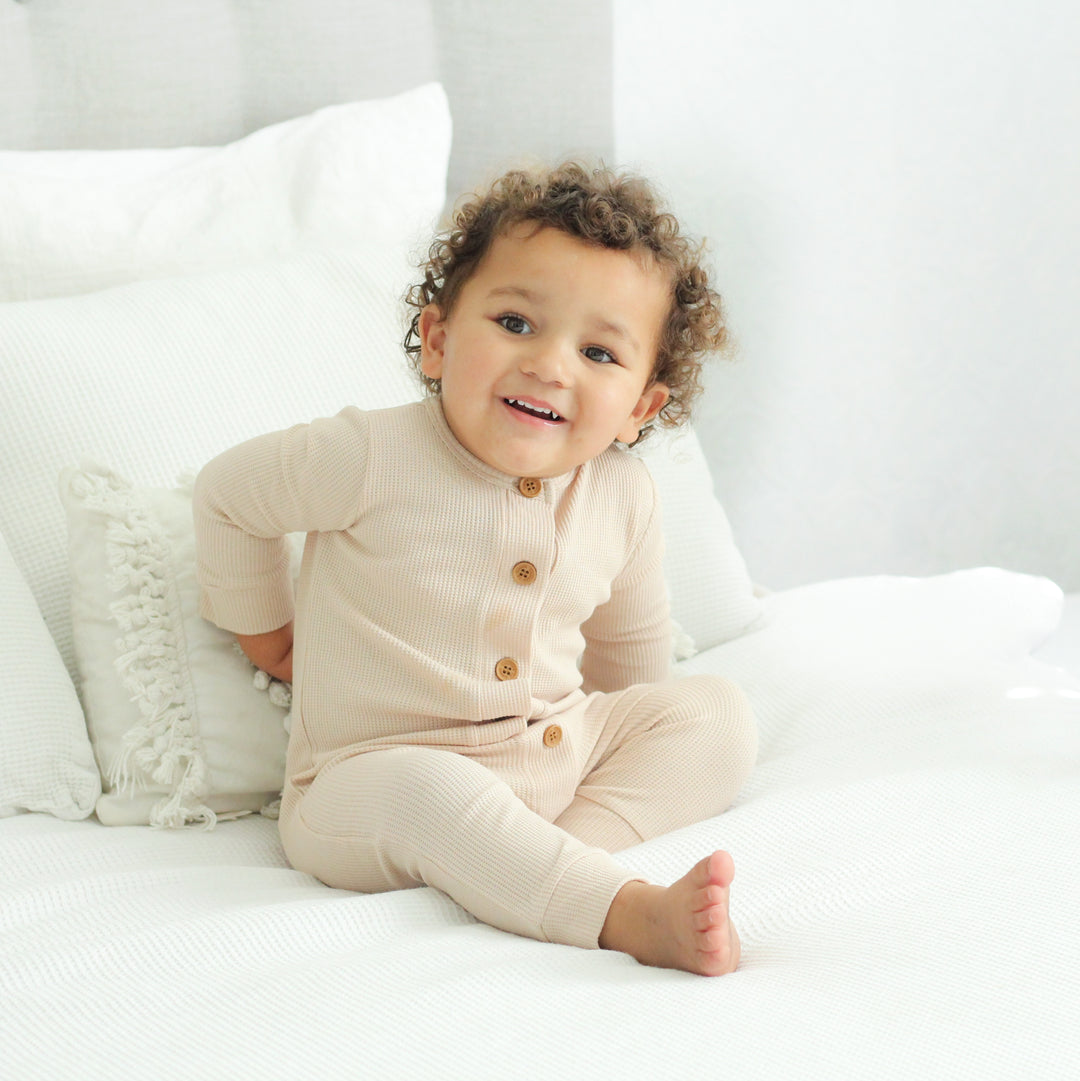 Long Sleeve Waffle Louie Romper - Oatmeal