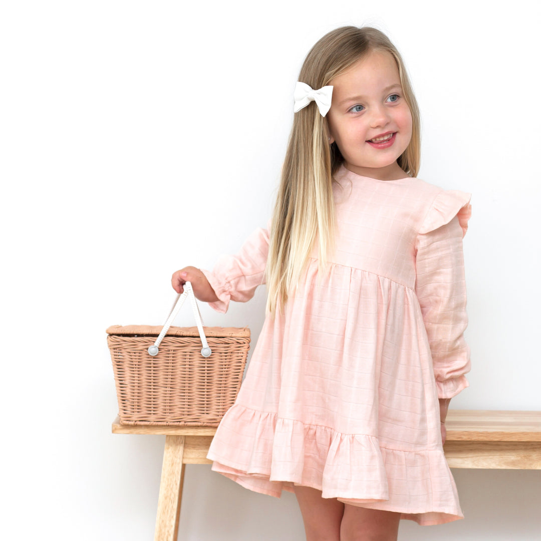 baby girl birthday peach long sleeve muslin dress with ruffle on shoulder