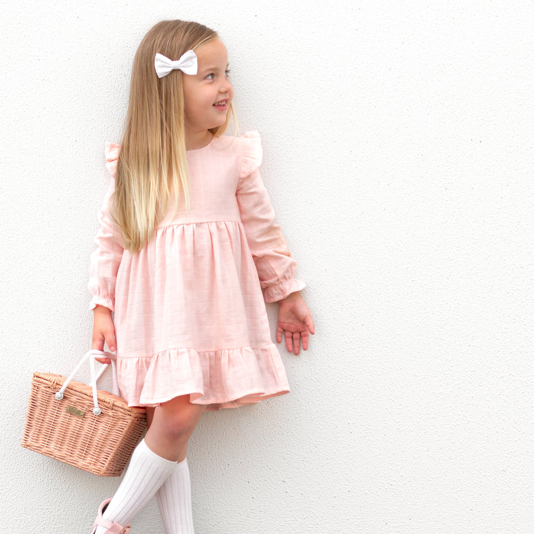 baby girl birthday peach long sleeve muslin dress with ruffle on shoulder