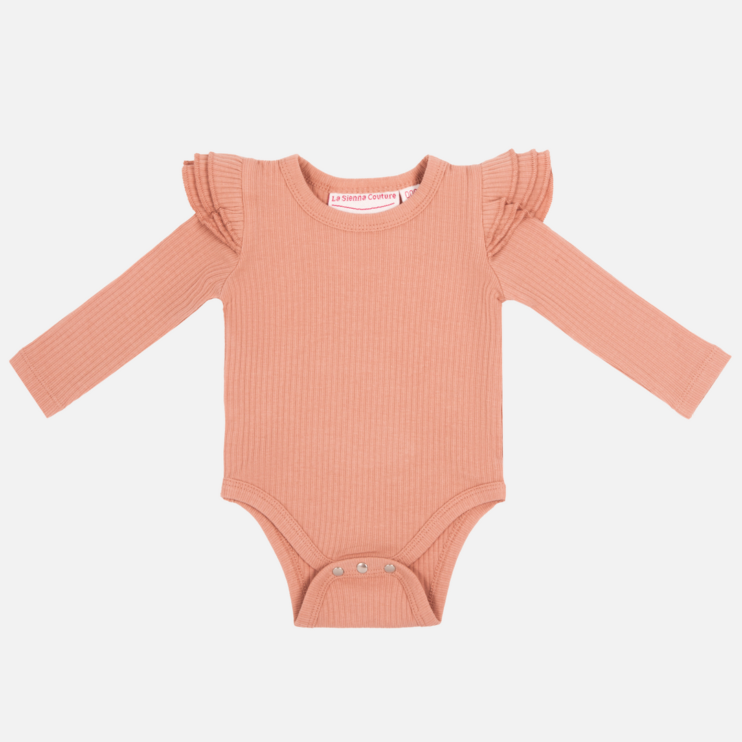 Baby girls peach parfait ribbed long sleeve bodysuit with flutter