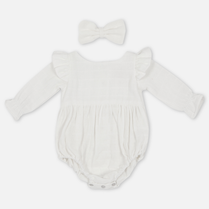 baby girl christening birthday white muslin long sleeve romper with bow