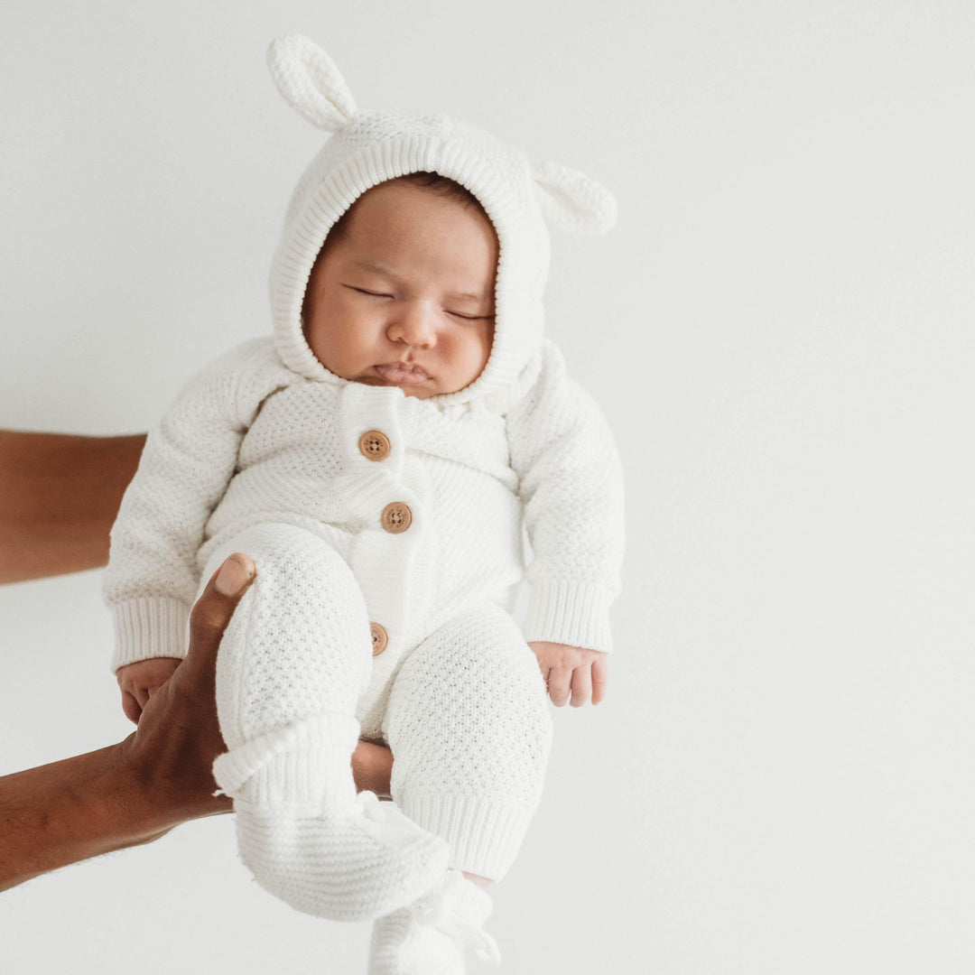 White long sleeve baby romper with hood