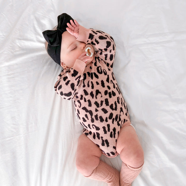 Rosewood baby girl long sleeve leopard knitted romper