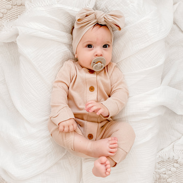 Long Sleeve Waffle Louie Romper - Oatmeal