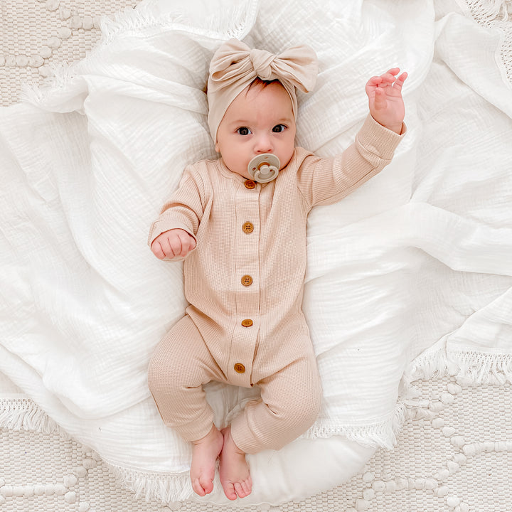 Long Sleeve Waffle Louie Romper - Oatmeal