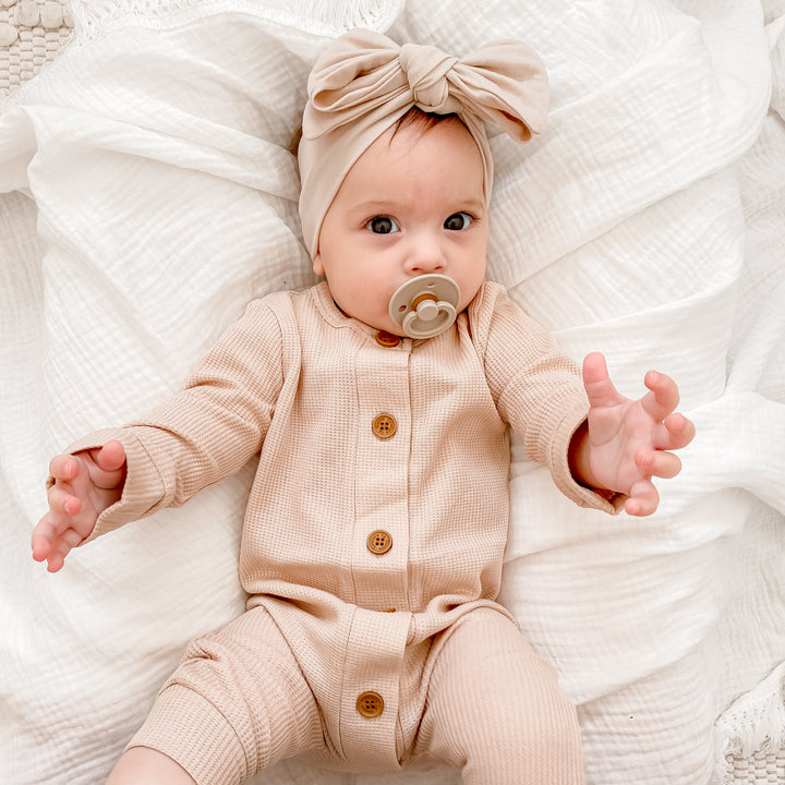 Long Sleeve Waffle Louie Romper - Oatmeal