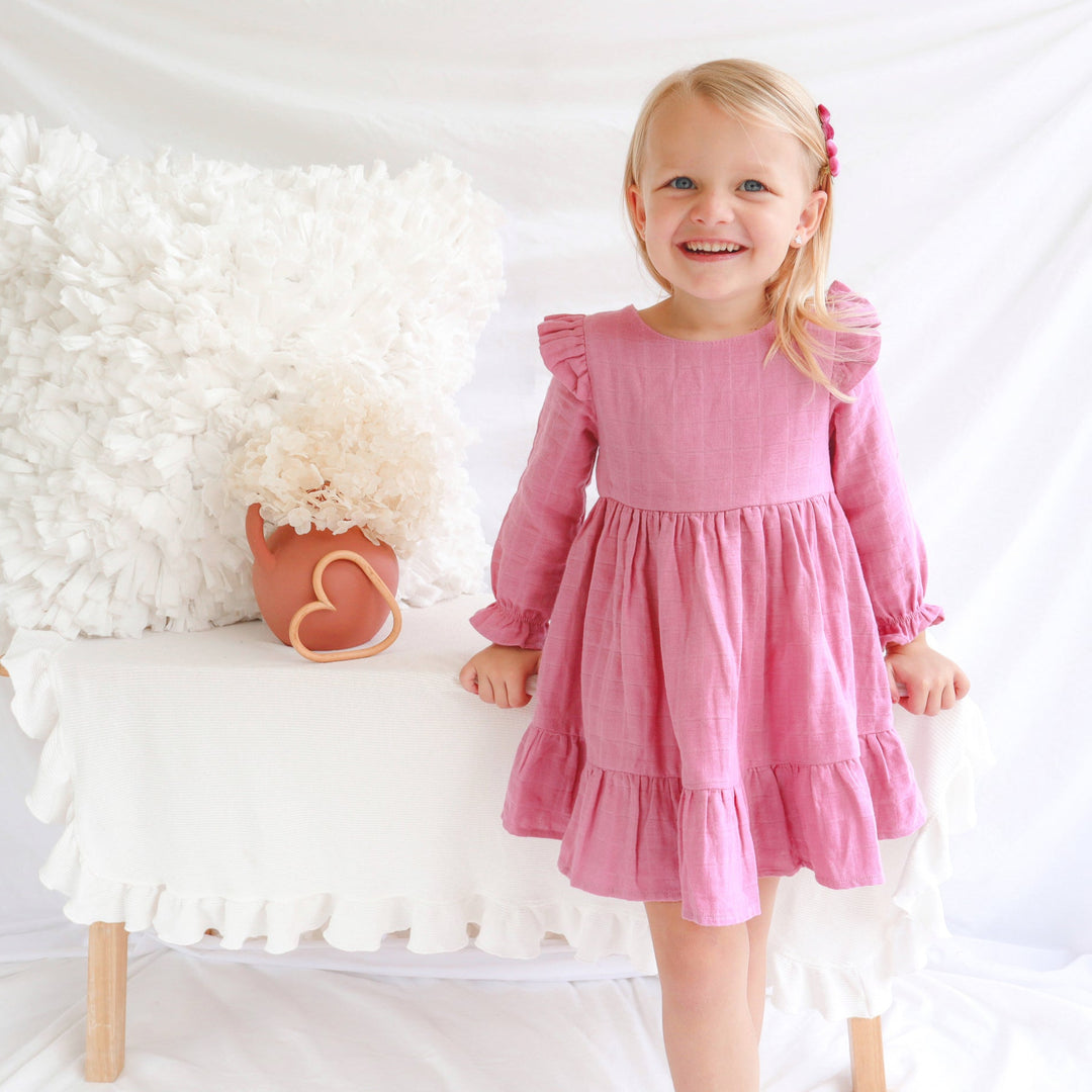 baby girl birthday rose mist long sleeve muslin dress with ruffle on shoulder