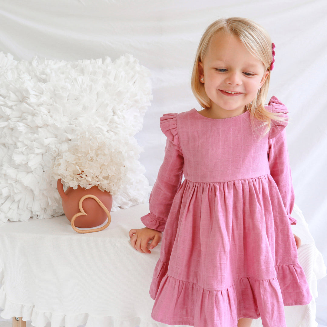 baby girl birthday rose mist long sleeve muslin dress with ruffle on shoulder