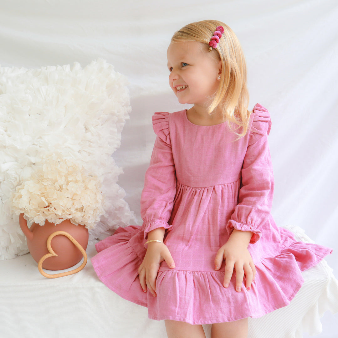 baby girl birthday rose mist long sleeve muslin dress with ruffle on shoulder