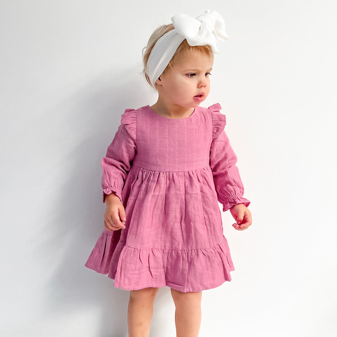 baby girl birthday rose mist long sleeve muslin dress with ruffle on shoulder