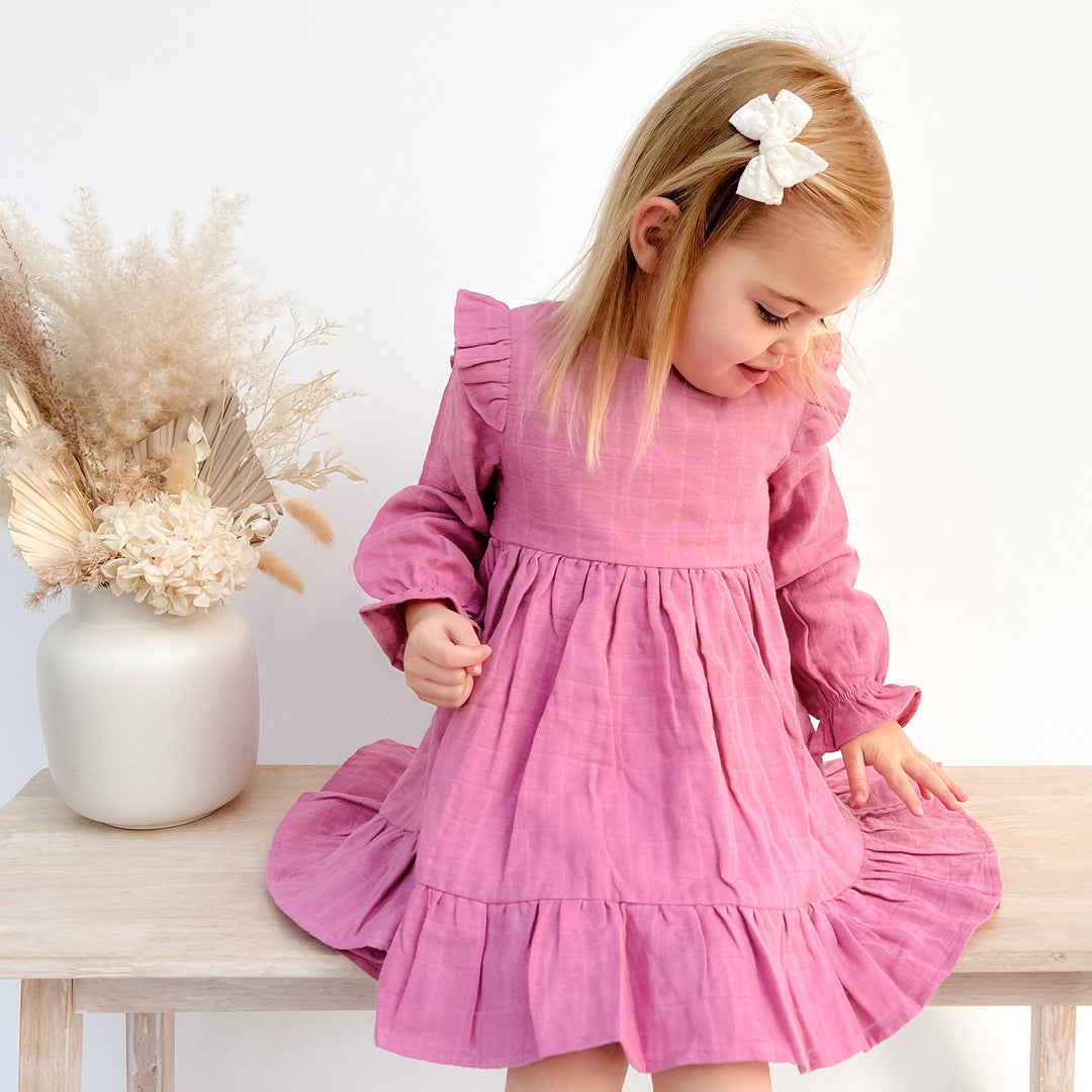 baby girl birthday rose mist long sleeve muslin dress with ruffle on shoulder