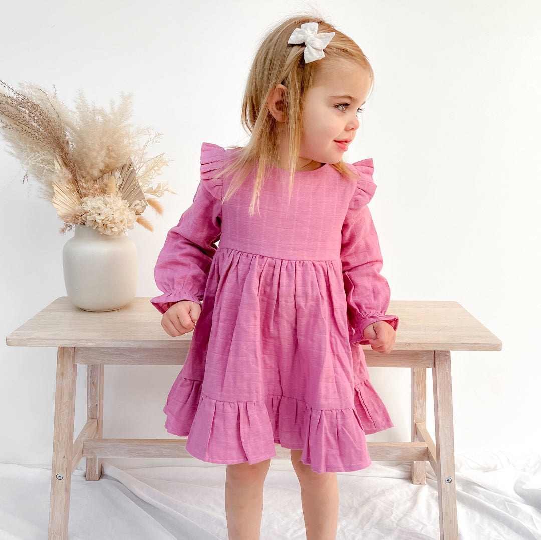 baby girl birthday rose mist long sleeve muslin dress with ruffle on shoulder