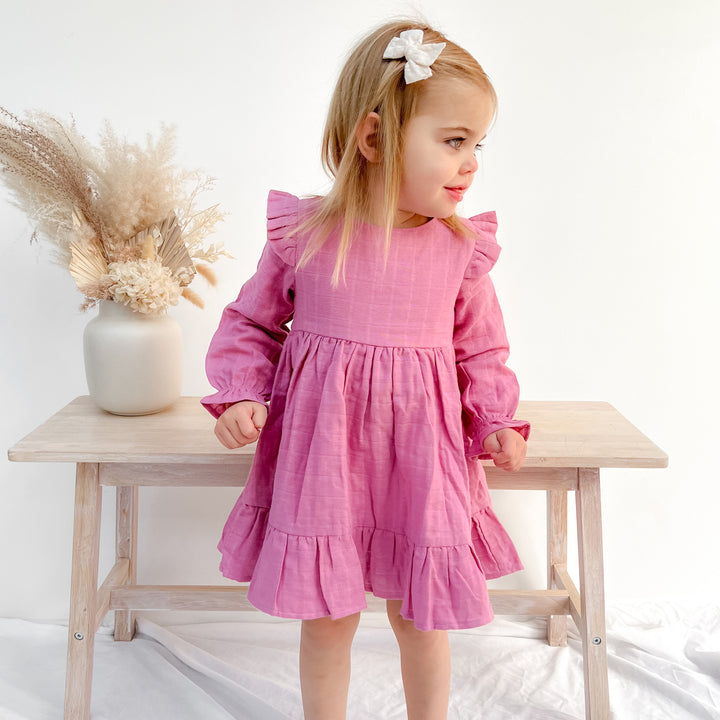 baby girl birthday rose mist long sleeve muslin dress with ruffle on shoulder