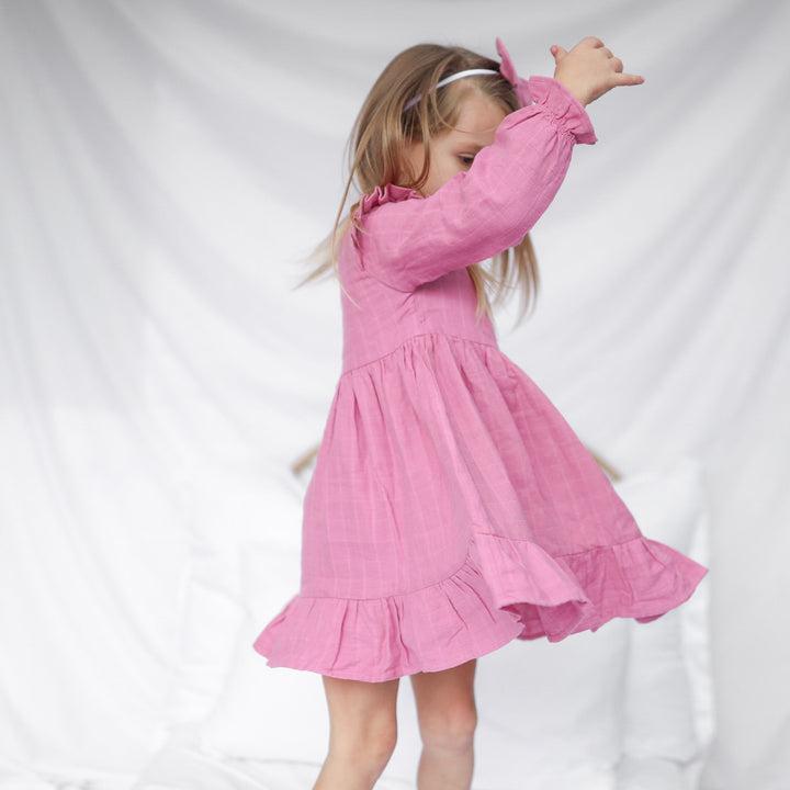 baby girl birthday rose mist long sleeve muslin dress with ruffle on shoulder