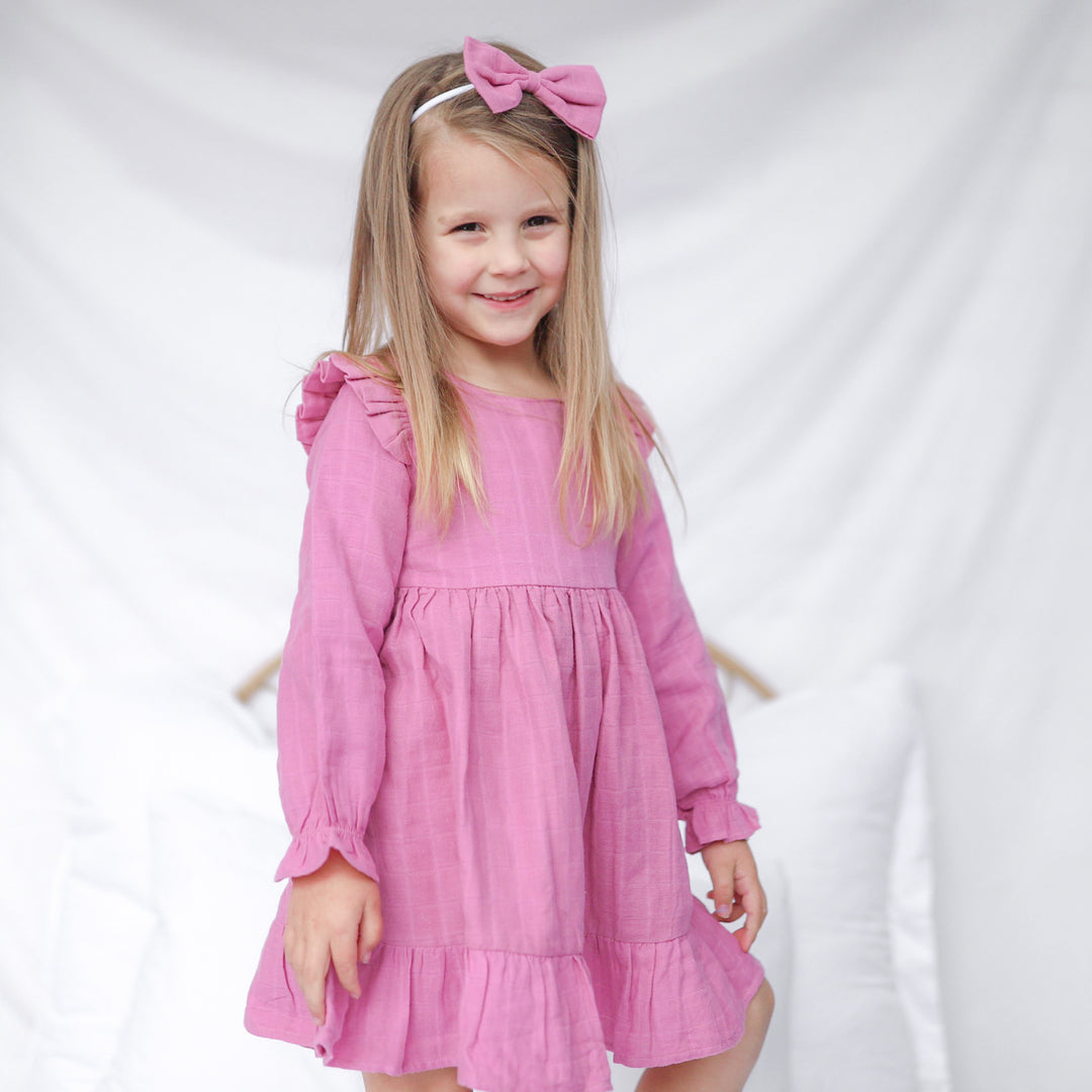 baby girl birthday rose mist long sleeve muslin dress with ruffle on shoulder