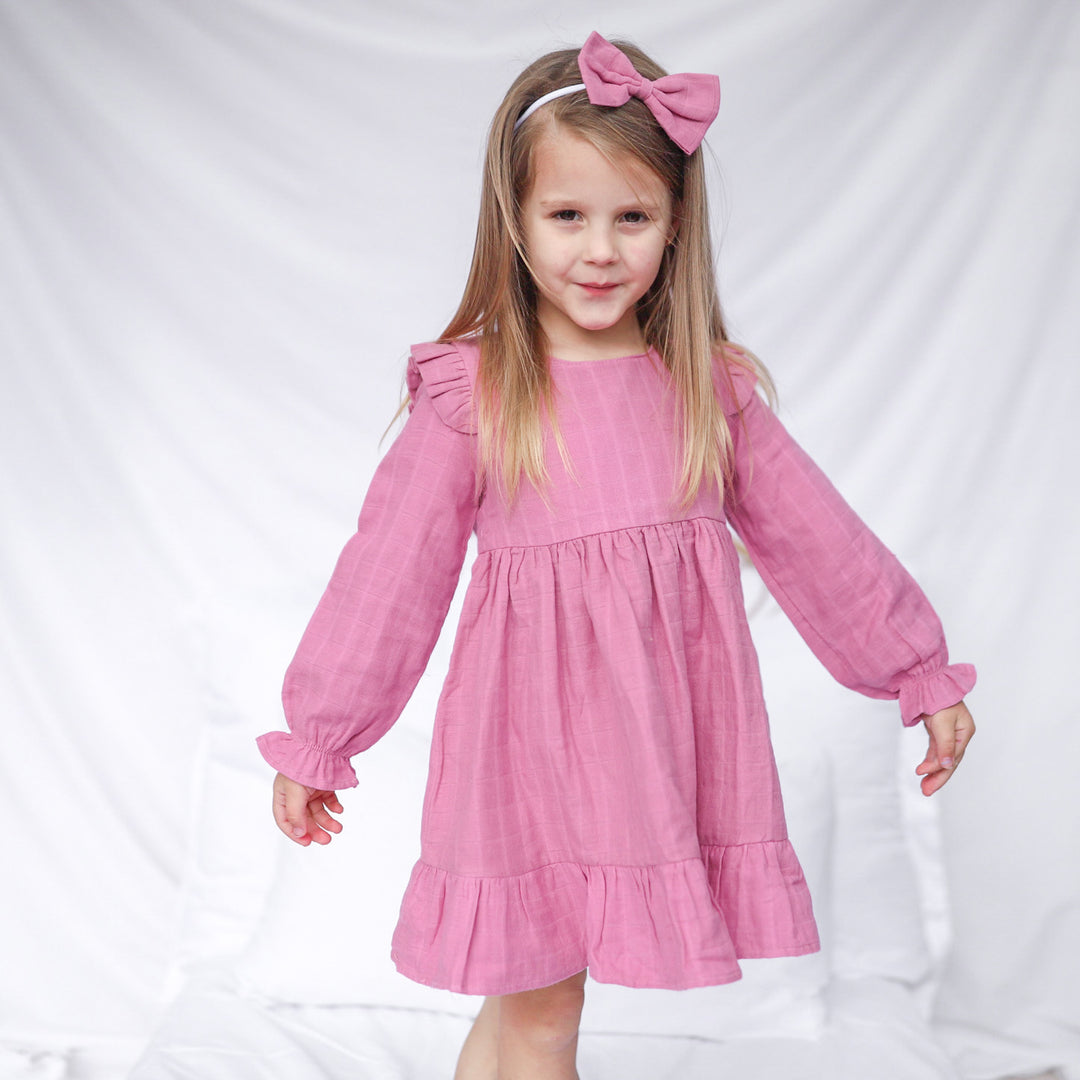 baby girl birthday rose mist long sleeve muslin dress with ruffle on shoulder