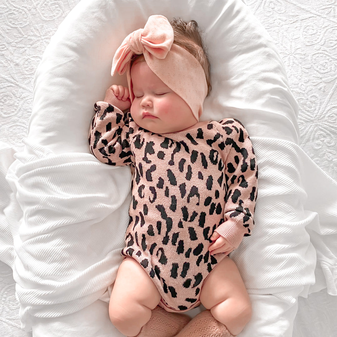 Rosewood baby girl long sleeve leopard knitted romper