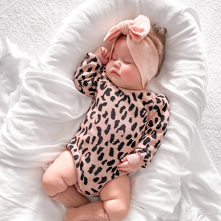 Rosewood baby girl long sleeve leopard knitted romper