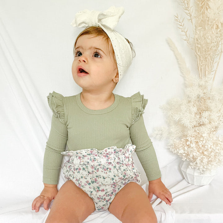 baby girl toddler sage ribbed long sleeve bodysuit with flutter