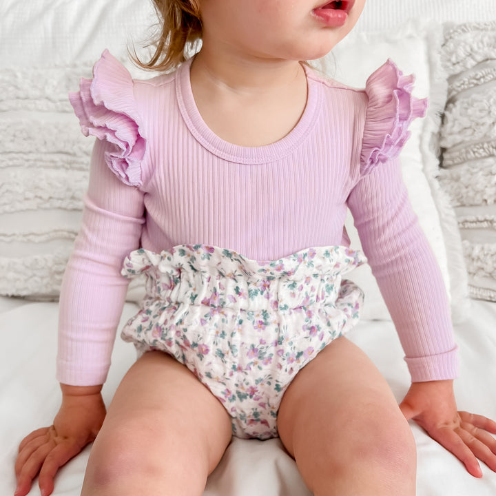 baby lilac long sleeve bodysuit with flutter