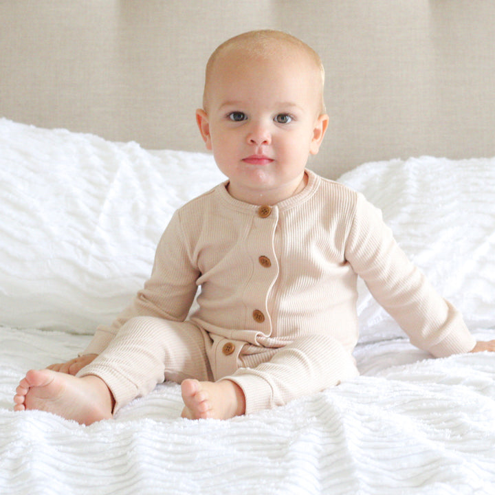 Long Sleeve Waffle Louie Romper - Oatmeal