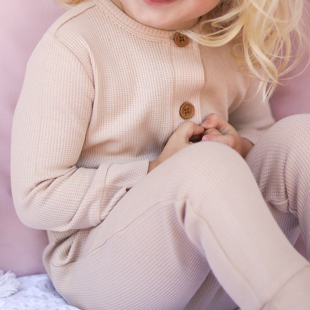 Long Sleeve Waffle Louie Romper - Oatmeal