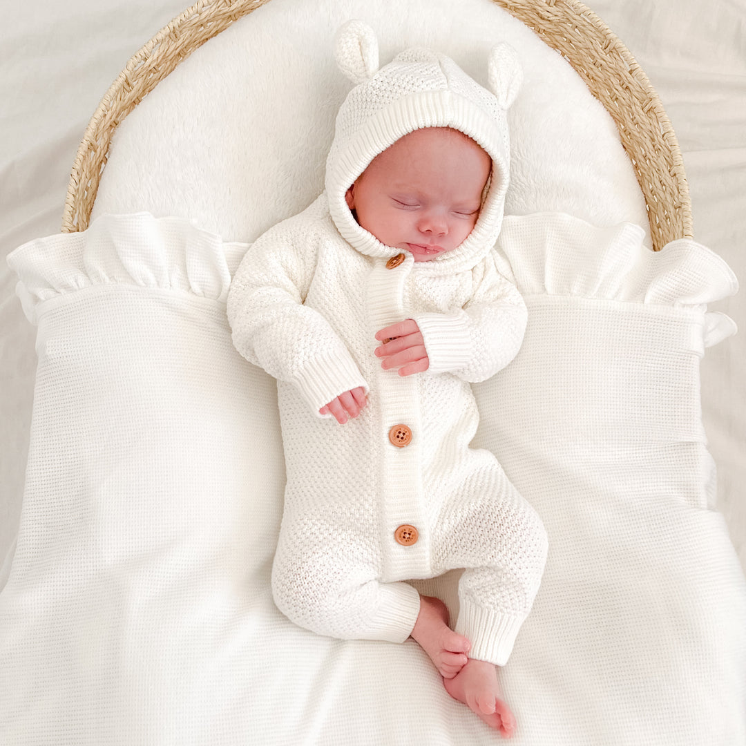 White long sleeve baby romper with hood