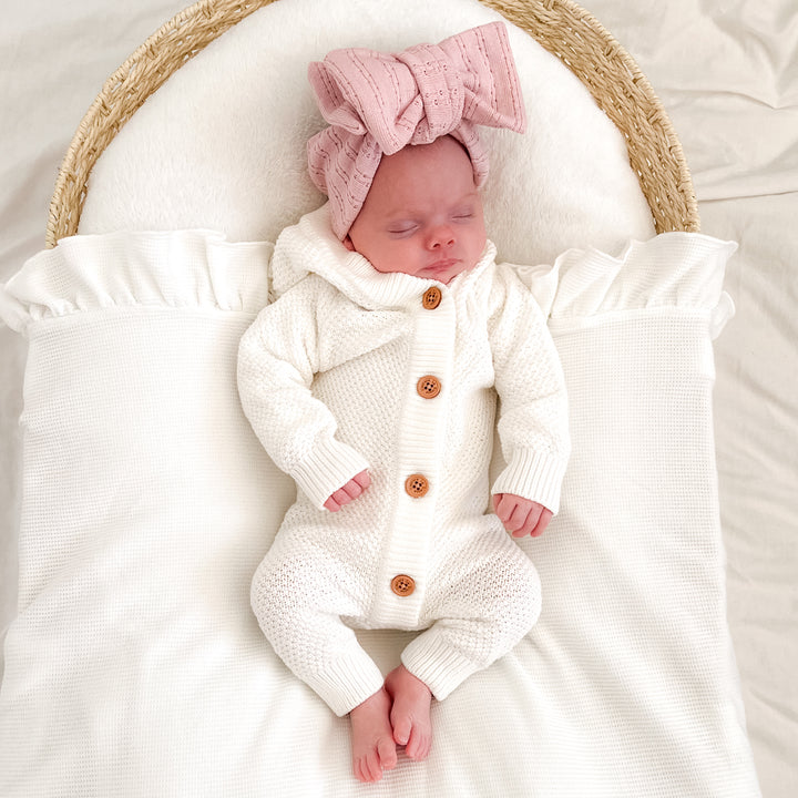 White long sleeve baby romper with hood