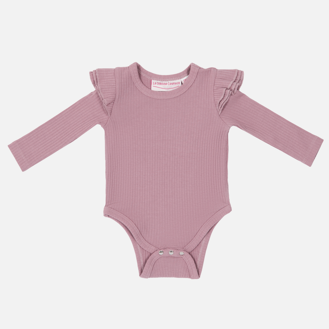 Baby girl toddler wild orchid ribbed long sleeve bodysuit with flutters