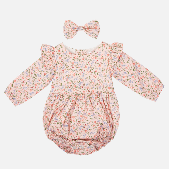 baby girls floral pink long sleeve zipper romper with bow