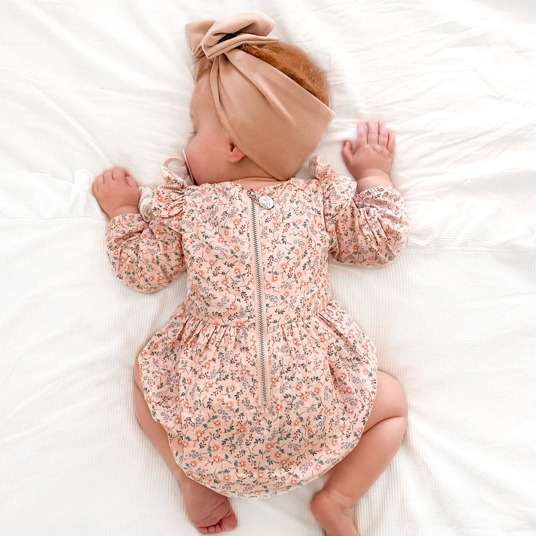 baby girls floral pink long sleeve zipper romper with bow