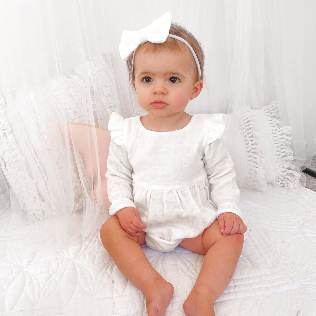 baby girl christening birthday white muslin long sleeve romper