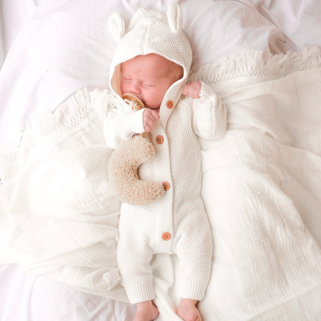 White long sleeve baby romper with hood