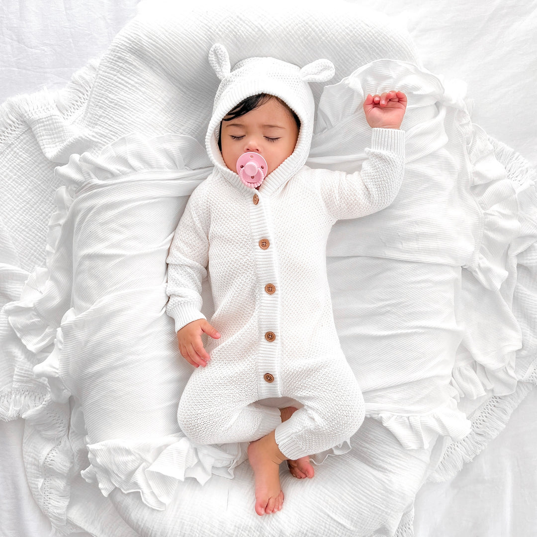 White long sleeve baby romper with hood