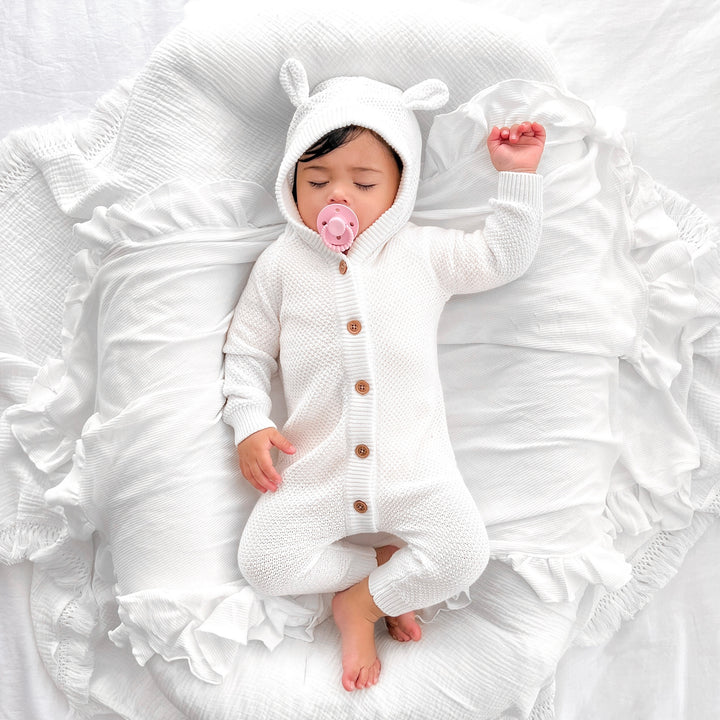 White long sleeve baby romper with hood