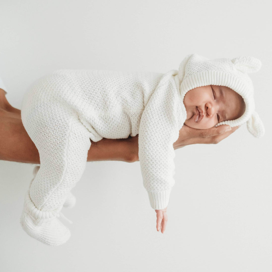 White long sleeve baby romper with hood