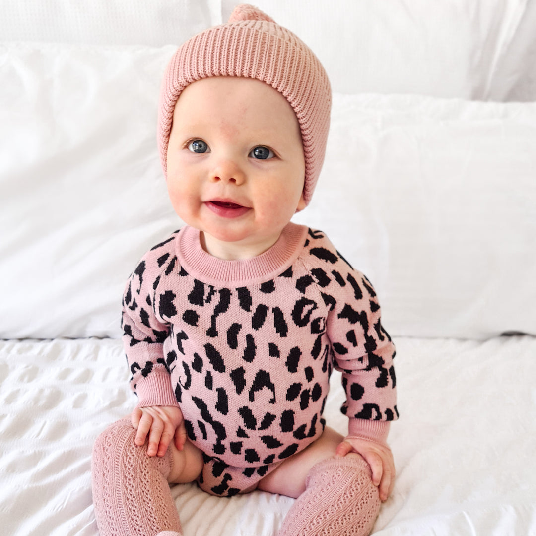 Rosewood baby girl long sleeve leopard knitted romper