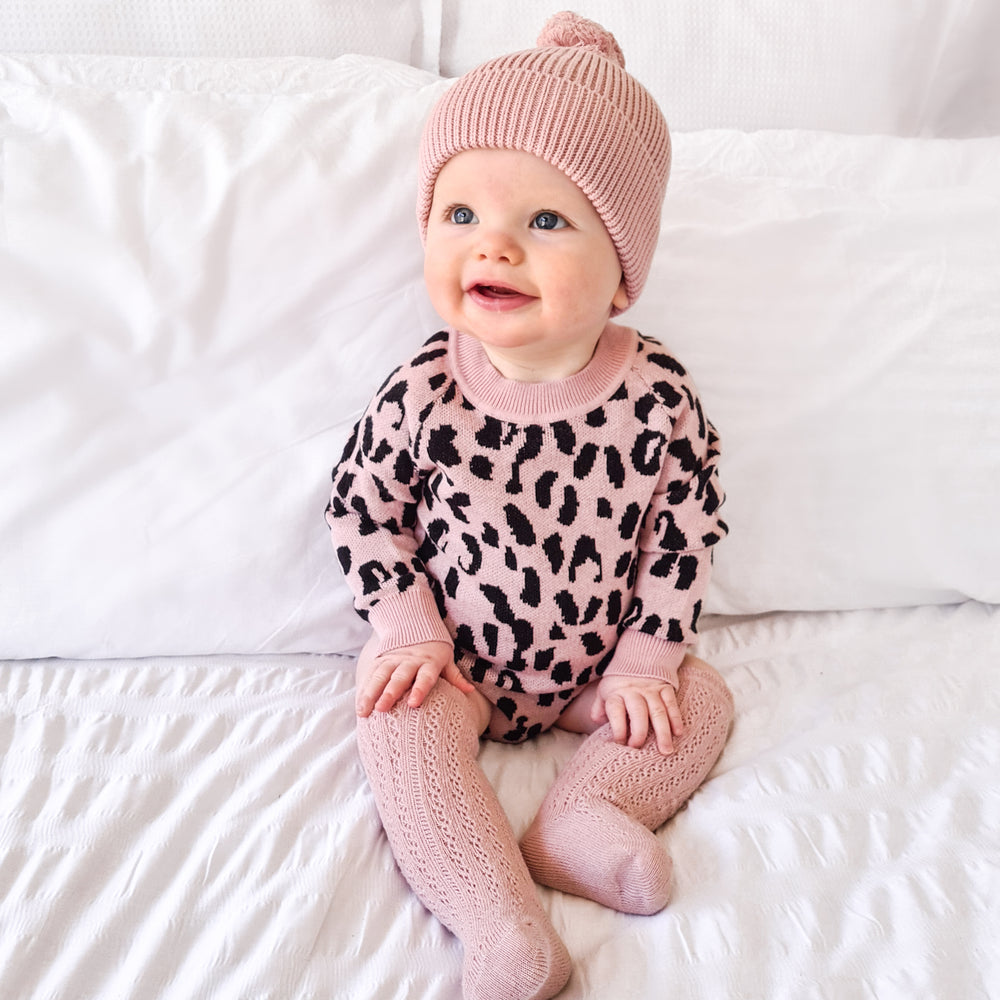 Rosewood baby girl long sleeve leopard knitted romper