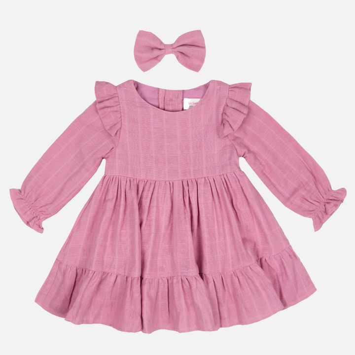 baby girl birthday rose mist long sleeve muslin dress with ruffle on shoulder