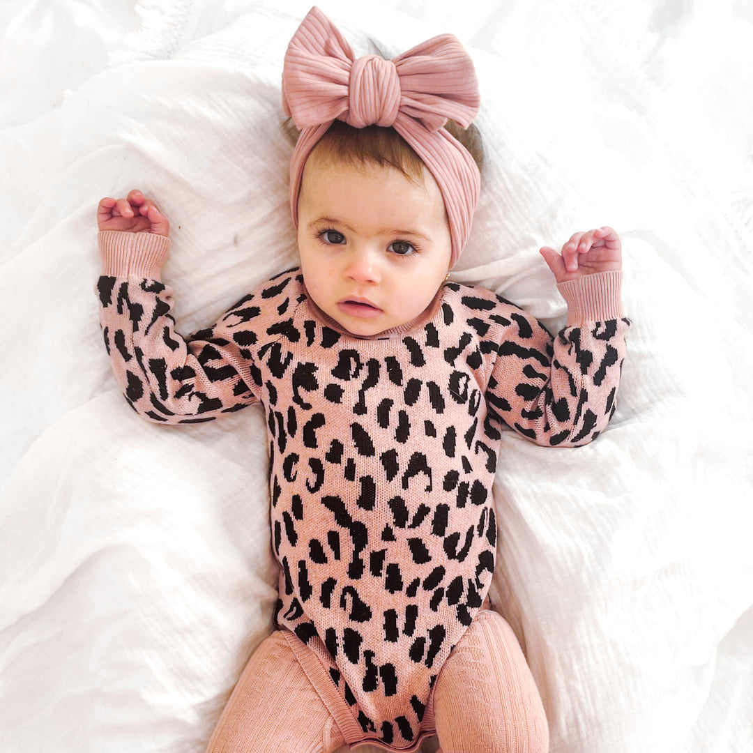 Rosewood baby girl long sleeve leopard knitted romper