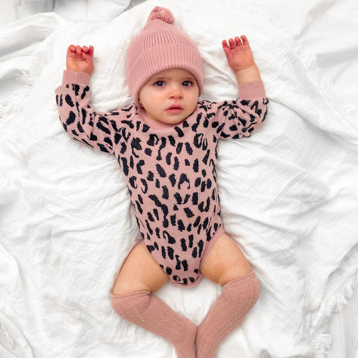 Rosewood baby girl long sleeve leopard knitted romper